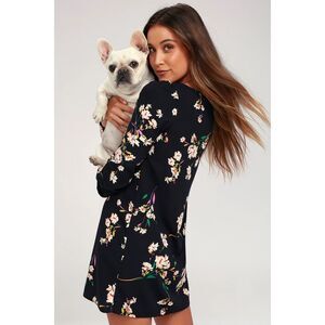 Lulus Herbaceous Babe Navy Floral Print Shift Dress Size Small